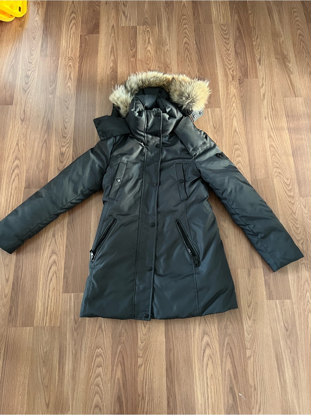 Andrew Marc Black Hooded Puffer Coat with Faux Fur Trim